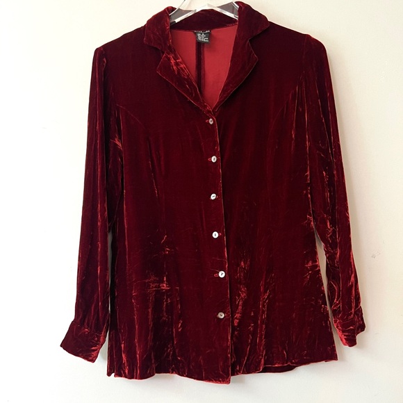 90s Deep Red Crushed Velvet Buttondown Blouse - Picture 1 of 7